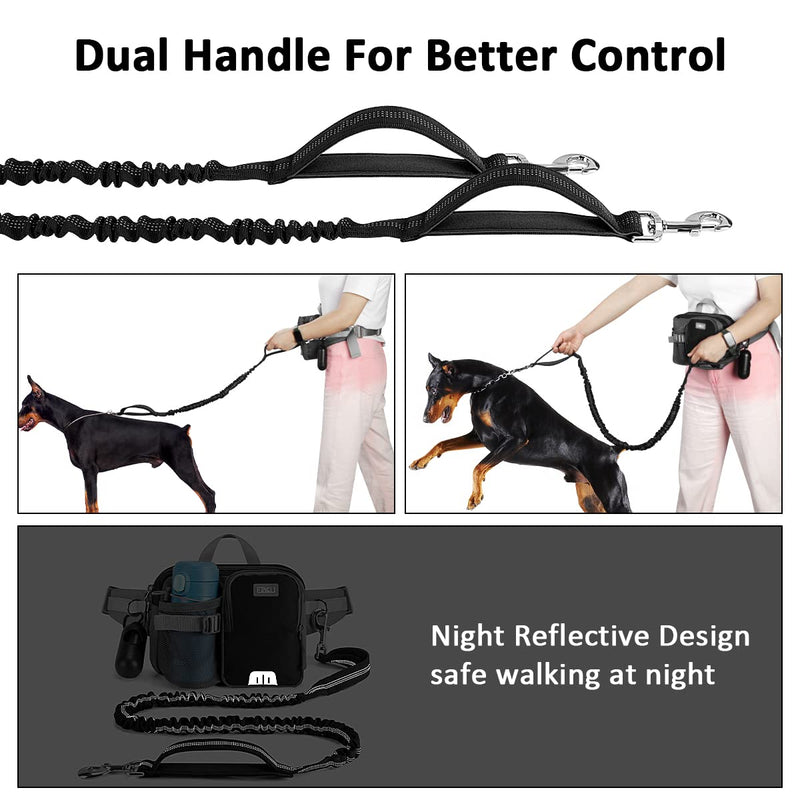 ETACCU Hands Free Dog Leash with Phone Pouch, Water Bottle Holder - Adjustable Waist Belt 19-38 Inch Belt Leash for Running, Reflective Shock Absorbing 37"-54" Extendable Black