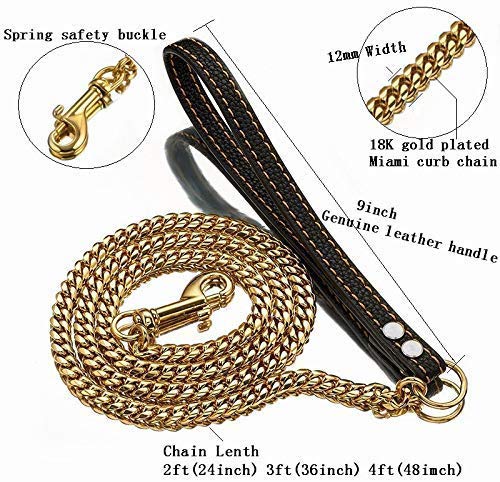 Strong Dog Chain Gold Leash Long 3FT 4FT 5FT 18K Stainless Steel 12mm Curb Cuban Link Dog Leash with Comfortable Genuine Leather Handle(Gold, 4FT) 18K Gold 4FT (48inches) - PawsPlanet Australia