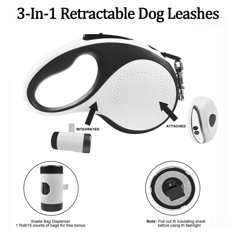 Retractable Dog Leash with Waste Bag Dispenser and Flashlight, 26ft Dog Leash for Small Medium and Large Dogs up to 110lbs, One Button Break & Lock,360°Tangle Free, Soft Anti Slip Grip,White 26ft-white - PawsPlanet Australia