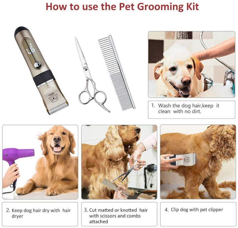 Dog Clippers, 2-Speed Professional Rechargeable Cordless Cat Shaver and Low Noise Water Proof Electric Dog Trimmer Pet Grooming Kit Animal Hair Clippers Tool with Scissors Combs