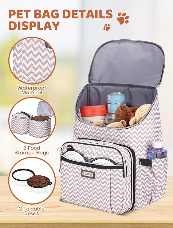 BAGLHER Travel Dog Backpack - Detachable Travel Dog Food Container for Pet Supplies Dog Gear Backpack,Dog Bag for Traveling with 2 Silicone Collapsible Bowls and 2 Food Baskets white Medium - PawsPlanet Australia