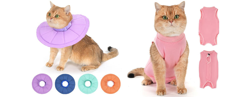 Avont Adjustable Cat Recovery Collar Bundle with Breathable Cat Recovery Suit After Surgery