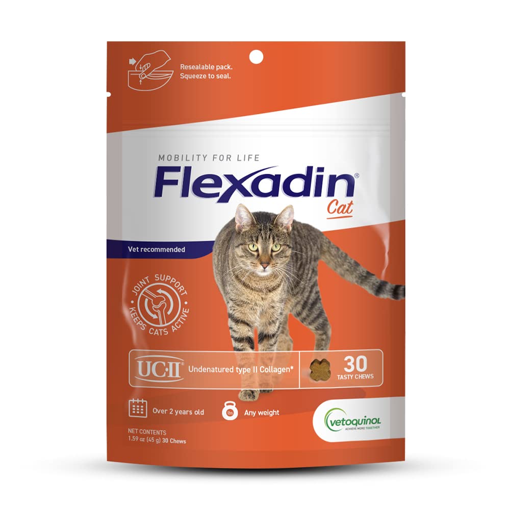 Vetoquinol Flexadin Cat Hip and Joint Support Chew with UC-II, Cat Joint Supplement, Clinically Proven and Veterinarian-Developed Formula for Hip and Joint Support Cats, 30 Count Bag