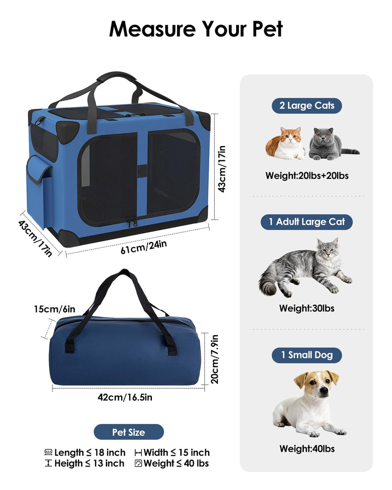 Extra Large Cat Carrier for 2 Cats, XL with Removable Divider, Foldable Soft-Sided Pet Carrier with Storage Tote, Portable Travel Crate for Large Cats, for Car & Home Use, 24" x 17" x 17" Blue