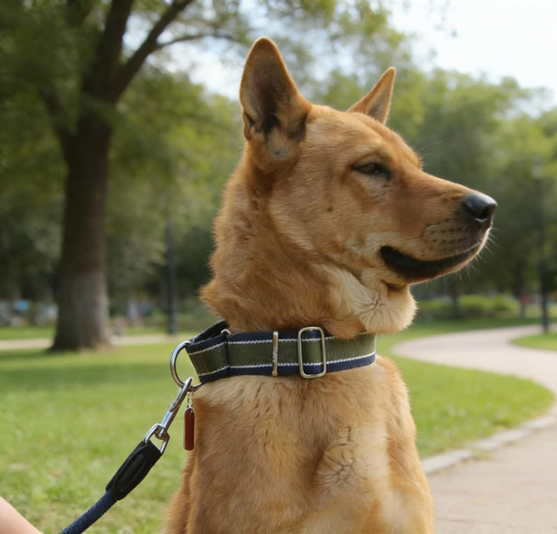 Martingale Collar 1.5 Inch Wide 1600D Extra Strong Anti Escape Nylon Dog Collar, No Pull Heavy Duty Dog Collar with 3-Color Stripe for Medium Dogs (M, Army Green & Gray) Medium: 14" -21" - PawsPlanet Australia