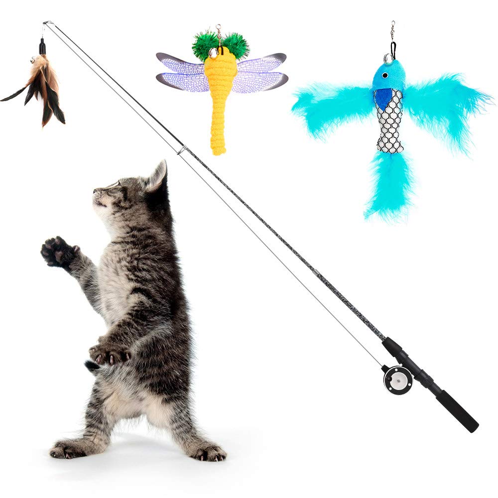 Pawaboo Cat Feather Toys, 4 Pack Interactive Cat feather Teaser Wand Toys, Retractable Fishing Pole Wand Catcher Exerciser with Refill Fish, Dragonfly Worm with Bells, Fun Cat Kitten Kitty Playing Toy Brown Blue Yellow Polka Dots