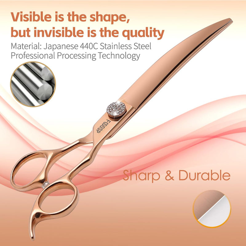 Rose Gold Titanium Curved Dog Grooming Scissors 8'' Downward 30° with Jewelled Screw Japan 440C Professional Pet Grooming Trimming Shears for Large Dogs Poodle(8,Curved) Curved Shears 8 inch - PawsPlanet Australia