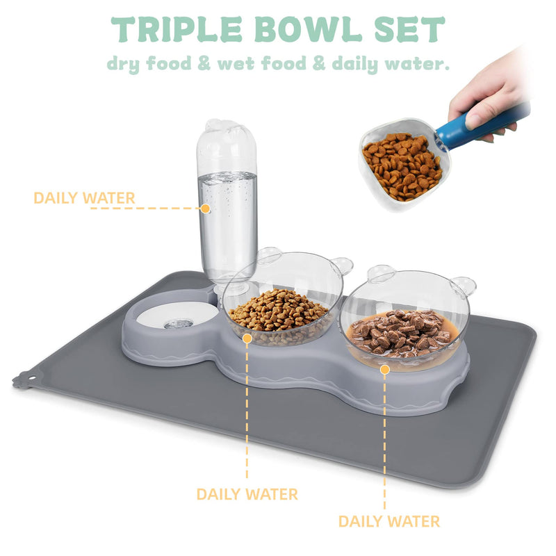 Triple Cat Bowls for Food and Water, YECERCAN Plastic Raised Cat Food Bowls with Automatic Water Bottle & Waterproof Mat for Cat/Small Dogs, 3 in 1 Pet Feeder for Wet/Dry Food Dark Gray - PawsPlanet Australia