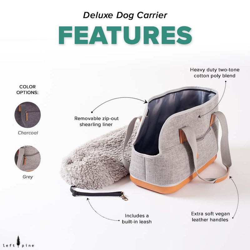 LeftPine x P.L.A.Y. Deluxe Dog Carrier Purse - Soft Sided Pet Travel Tote for Small Dogs & Puppies up to 16 Pounds - Built-in Safety Leash, Machine Washable, Removable Liner, Zipper Pocket (Charcoal) Charcoal - PawsPlanet Australia