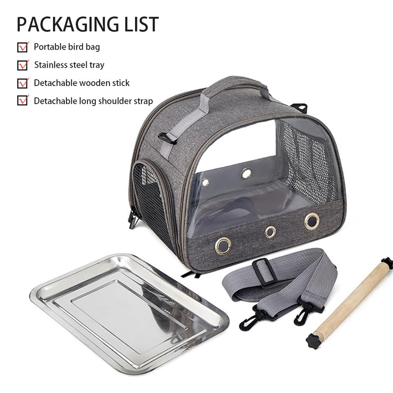 Bird Travel Carrier with Stainless Steel Tray,Lightweight Breathable Parrot Cage with Removable Wooden Stand Stick and Long Shoulder Strap,Bird Cages for Parakeets Budgie grey 33*26*24CM - PawsPlanet Australia