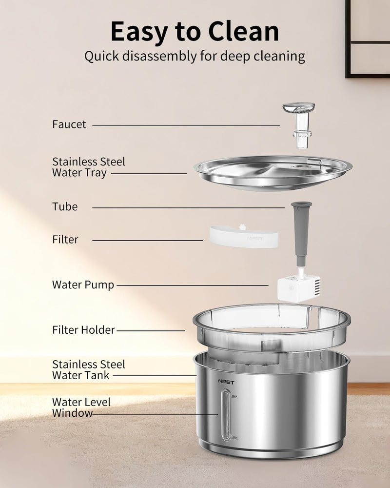 NPET Stainless Steel Cat Water Fountain, 1Gallon/135oz Automatic Pet Drinking Fountain Dog Water Dispenser Bowl with Water Level Window for Cats Indoor - WF210Plus With 1 Filter+1 Sponge 1 Gal Fountain - PawsPlanet Australia