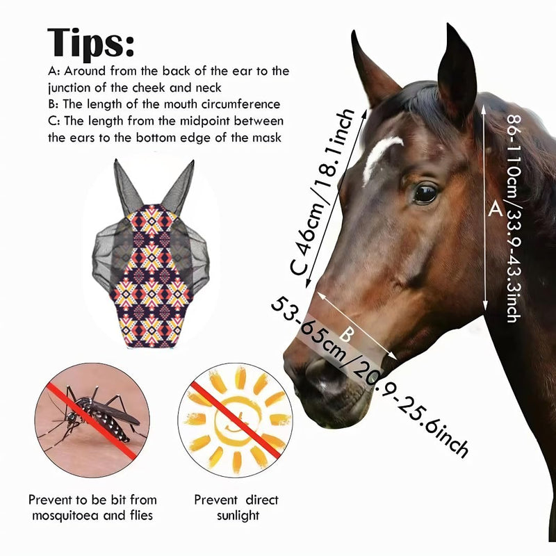 Horse Fly Mask with Ears, Breathable Soft Mesh, UV Protection, Comfortable Large Eye Space, Durable Secure Fit, Stylish Pattern Design-S Tribal Print S