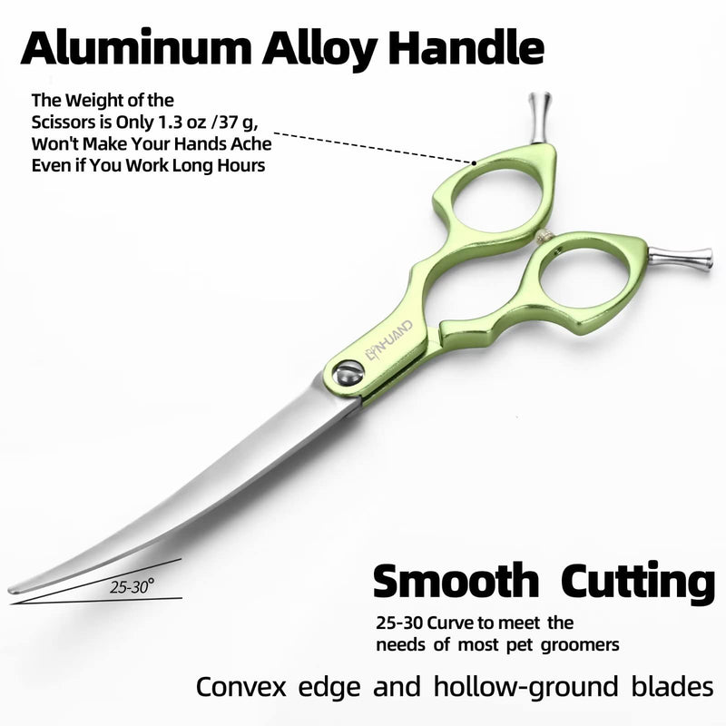 6.5" Curved Grooming Scissors for Dogs 440C Stainless Steel Professional Dog Grooming Scissors with Ultra-Light Aeronautical Aluminum Handle (Green-Curved) Green - PawsPlanet Australia