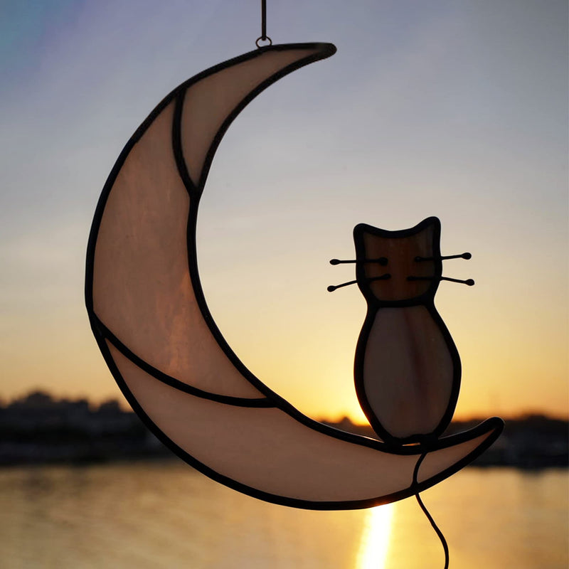 Orange Tabby Cat On Moon Stained Glass Window Hangings,Tabby Cat Decoration suncatcher Hanging Ornament Gift for Mom,Cat Memorial Gifts for Cat Lovers, Pet Loss Sympathy Gift (Yellow) Yellow - PawsPlanet Australia