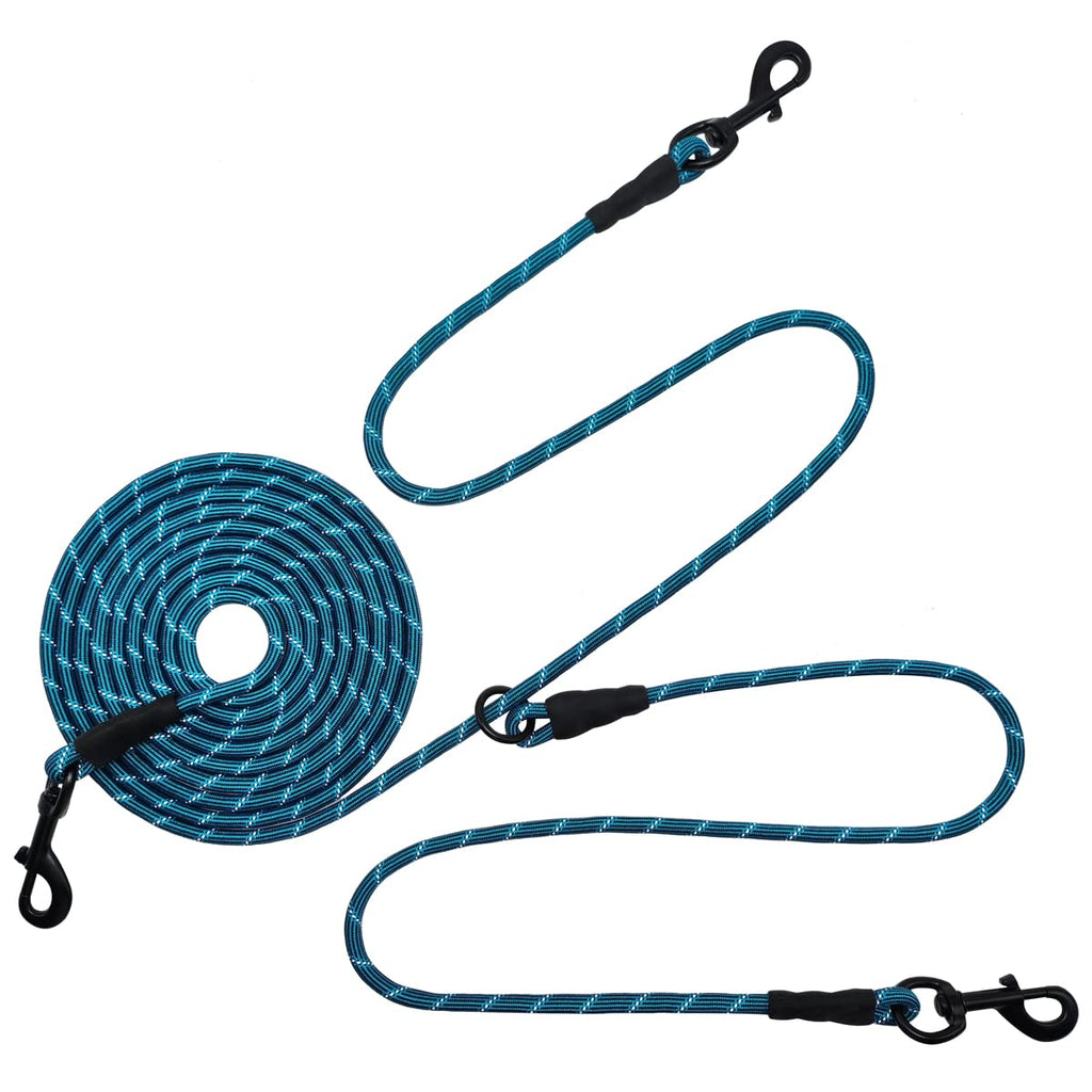 BTINESFUL 12FT 20FT 30FT Reflective Dog Tie Out for 2 Dogs, No Tangle 1/3 Inch Nylon Rope Tether for Two Dogs, Dog Trolley Runner for Yard Outdoor Camping Blue 12 ft x 1/3"