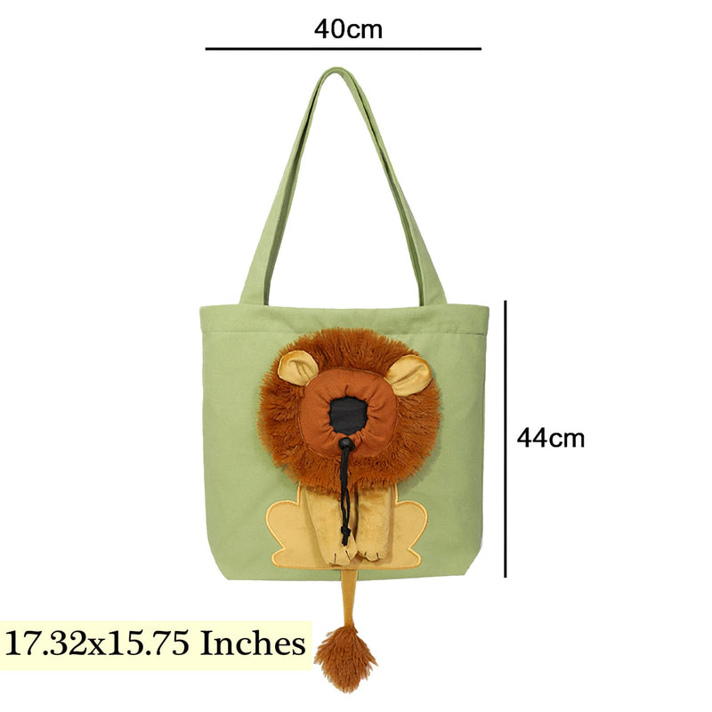 Dog Tote Bag with Zipper Cat Shoulder Carrier Lion-Shaped Pet Canvas Bag for Daily Use Walking Travel (L, Light Green) L: 17.32x15.75 Inches