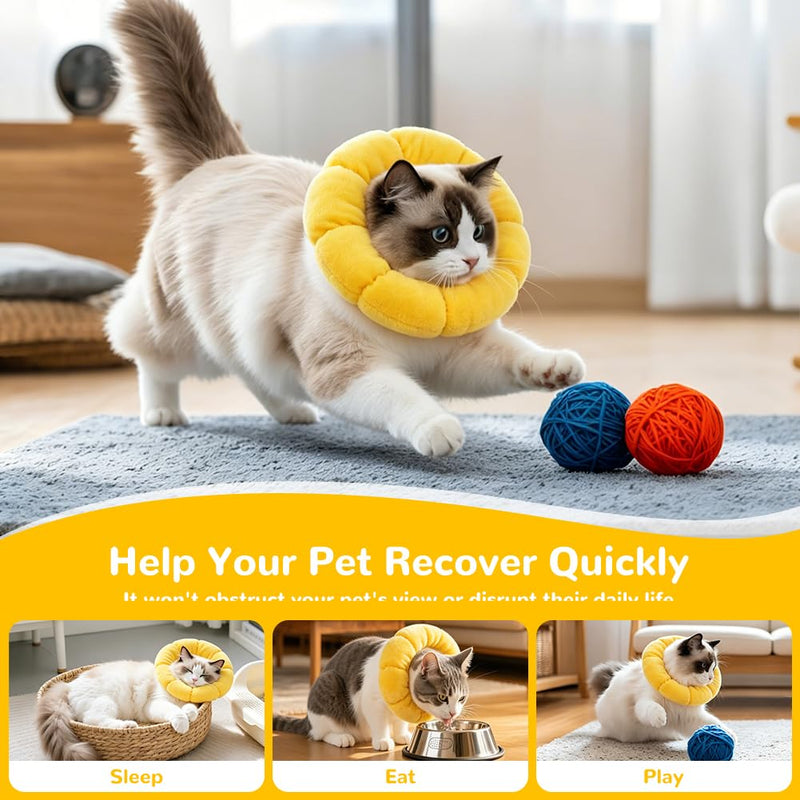 Cat Recovery Sunflower Collar, Adjustable Yellow Recovery Collar, Soft Sun Flower Neck Cones, Anti-Bite/Lick, Washable and Breathable, Cute Pet Neck Cones Protector for Cats, Dogs & Rabbits, M