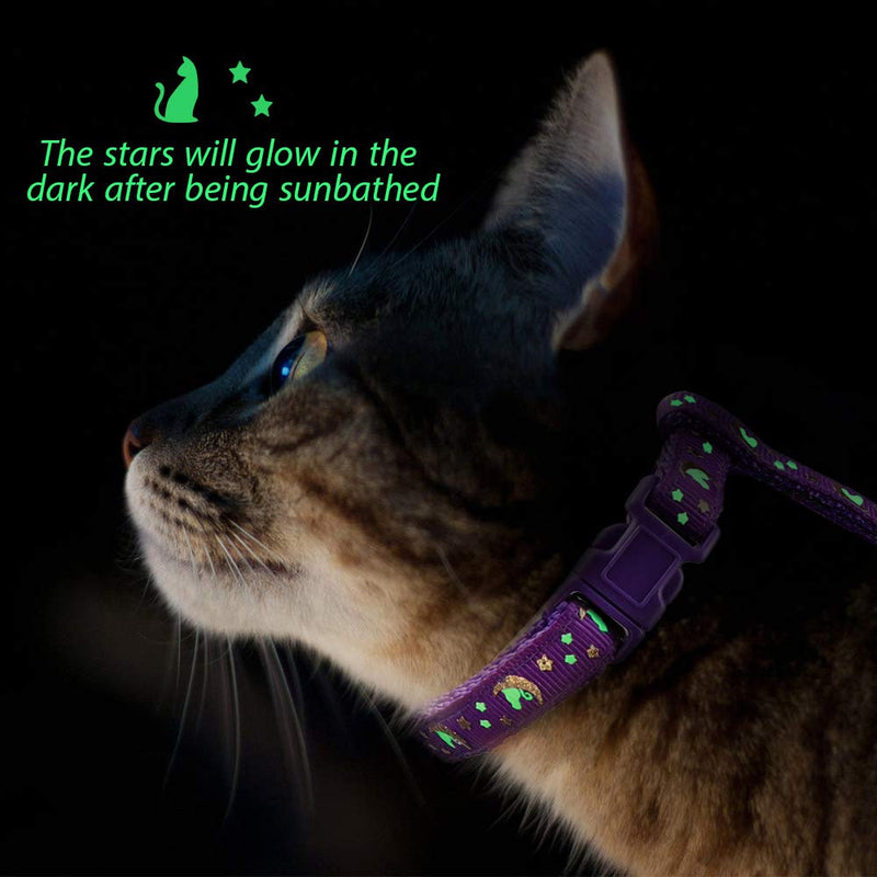 Cat Harness and Leash Set Gold Moons Soft Nylon Escape Proof Adjustable for Kittens Small Animals Glow in The Dark(Purple) Purple - PawsPlanet Australia