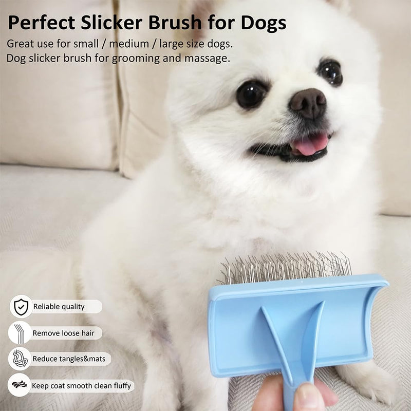 Slicker Brush for Poodles and Goldendoodles - Curved Brush for Thick, Fluffy, Shedding Fur on Dogs and Cats - Soft, Gentle Pins for Grooming (Blue) blue - PawsPlanet Australia