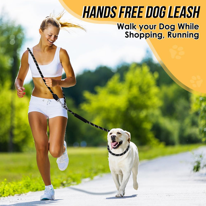 Hands Free Dog Lead, 3M Adjustable Waist & Crossbody Dog Running Rope with Soft Handle, Heavy Duty Lead for Large Medium Dogs up to 100kg, Tangle Free Reflective Leash for 2 Dogs Walking Running Black