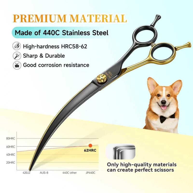 45°Super Curved Dog Grooming Scissors 440C Stainless Steel CNC 7.5'' Big Arc Curved Dog Shears Sharp and Durable for Professional Groomers - PawsPlanet Australia