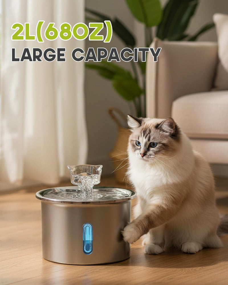 2L Stainless Steel Cat Water Fountain - Pet Drinking Fountain for Cats with 4 Replacement Filters, Cute Cat Head Water Outlet, Visible Water Level Dispenser & Window, Quiet Cats Drinker silvery