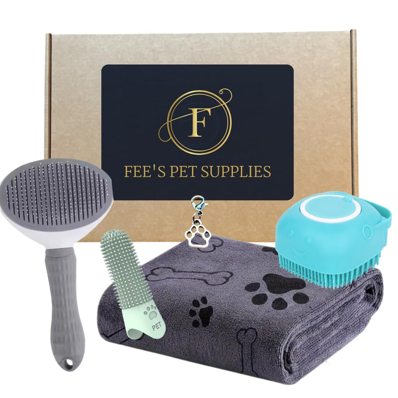 Grooming set for Dogs Easy-Clean Pet Hair Remover Brush, Microfibre Towel, Silicone dog Shampoo Brush, Finger Toothbrush+Bonus Vintage Paw Charm | Perfect Dog Gift Set (Grey) Grey - PawsPlanet Australia