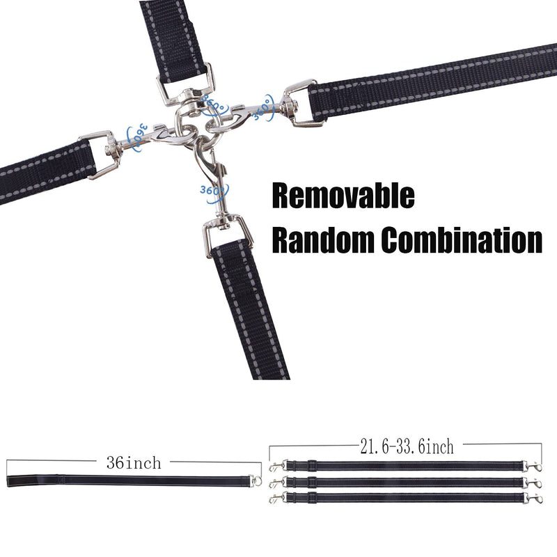 3 Way Dog Leash Detachable Reflective Coupler Tangle Free 3 in 1 Multiple Double Dog Lease with Soft Padded Handle Walking Training Outdoor Black - PawsPlanet Australia