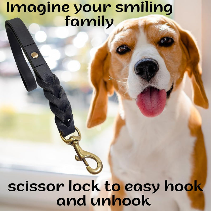 Leather Short Dog Leash - 15 Inch Traffic Lead for Large Dogs - Braided Leather Tab - Full Grain Heavy Duty (Black) Black - PawsPlanet Australia