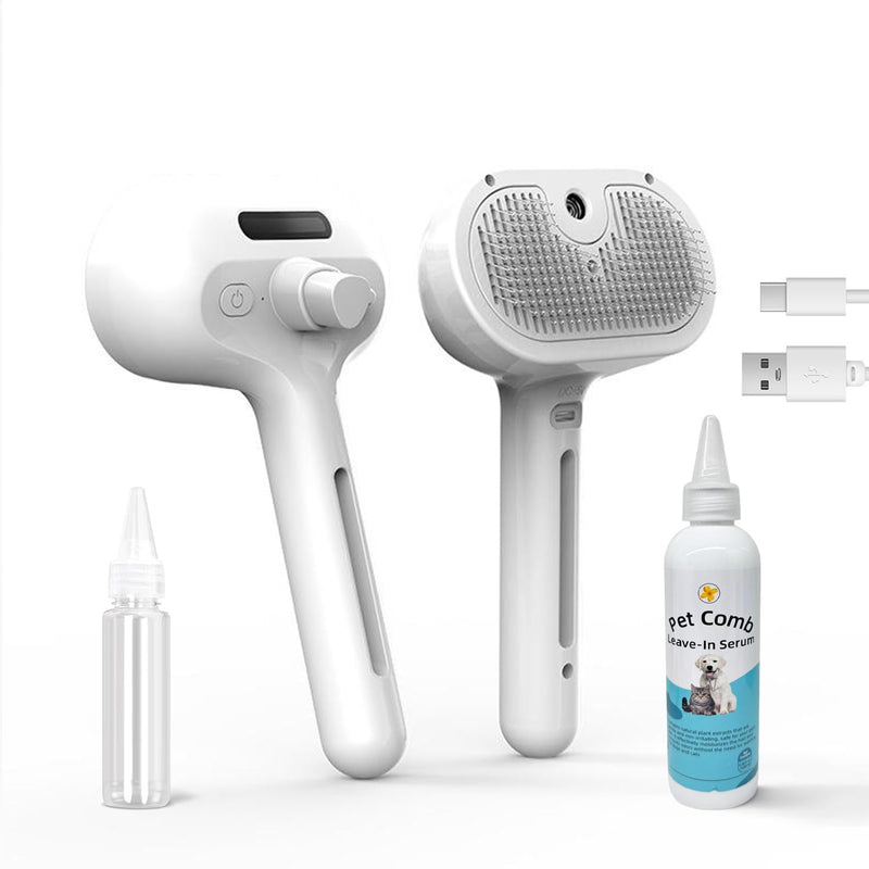Pet Steam Brush for Dog & Cat, 3 in 1 Spray Hair Removal Comb for Shedding & Grooming, Water Brush for Long & Short Haired Pets, Includes 200ml Shampoo & USB Rechargeable Design, White - PawsPlanet Australia