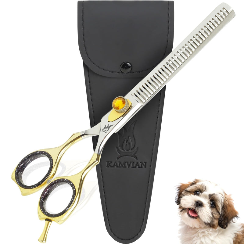 Dog Grooming Scissors – 7.5” Thinning Shears with 34 Teeth, Chunkers for Dogs & Cats, Precision Cut with 440C Stainless Steel, Designed for Groomers and Pet Owners Golden/Polish Thinning Scissors - PawsPlanet Australia
