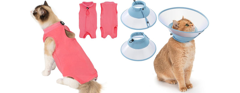Avont Cat Recovery Suit Post-Surgery Onesie Bundle with Adjustable Cat Cone Collar - M