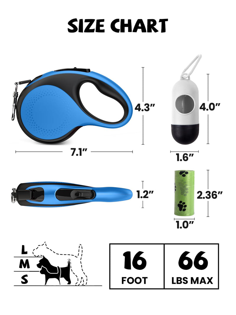Retractable Dog Leash with Led Light, Douexio 16ft Rechargeable Walking Dog Leash for Small Medium Dogs Up to 66 lbs,360° Tangle-Free, One-Button Control, High Strength Hook 0-66lbs Blue - PawsPlanet Australia