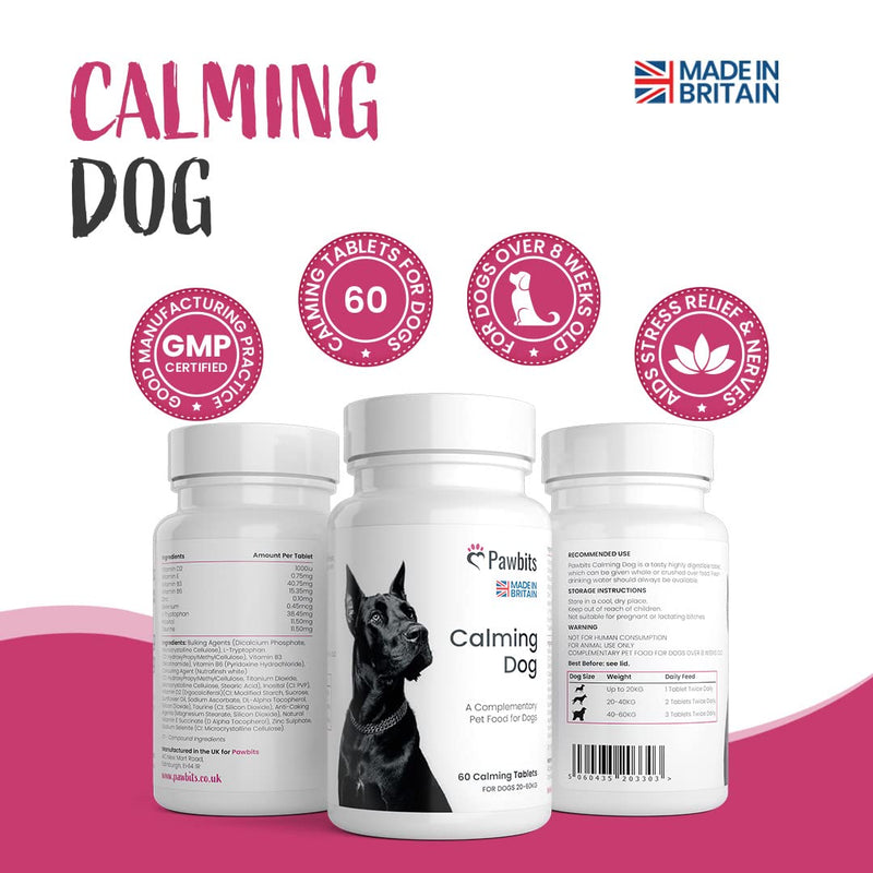 Pawbits 60 Calming Tablets Supplement for Anxious & Hyperactive Dogs Calms Relaxes & Non-Sedative Dog Calming Tablets Fireworks, Behavioural Issues, Travel & Vet Visits Natural Calm Aid (60 Tablets) 60 Tablets - PawsPlanet Australia