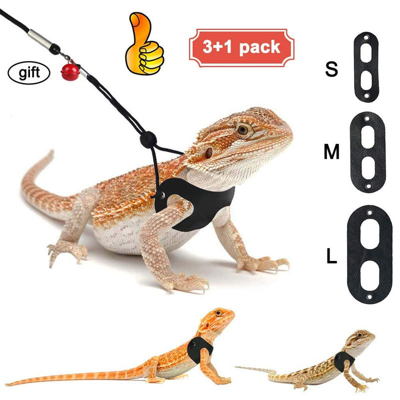 3 Packs Bearded Dragon Harness and Leash Adjustable(S,M,L) - Soft Leather Reptile Lizard Leash for Amphibians and Other Small Pet Animals black