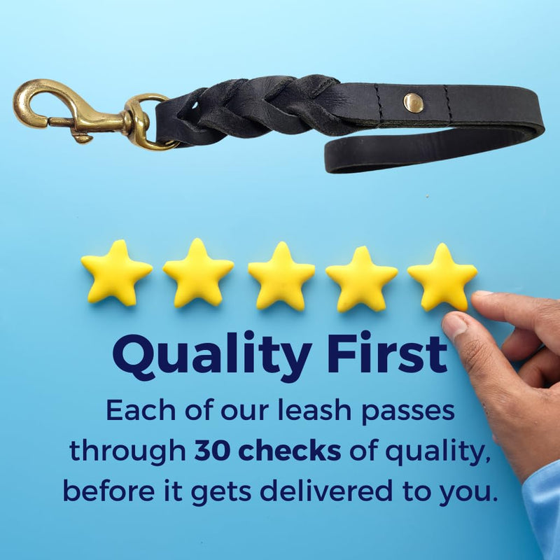 Leather Short Dog Leash - 15 Inch Traffic Lead for Large Dogs - Braided Leather Tab - Full Grain Heavy Duty (Black) Black - PawsPlanet Australia