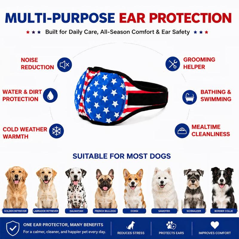 Dog Ear Muffs Noise Protection American Flag Patriotic Pet Covers Waterproof Swim Ear Protector Elastic Soft Snoods for Dogs Anxiety Relief Grooming for 4th of July (M) Blue Medium