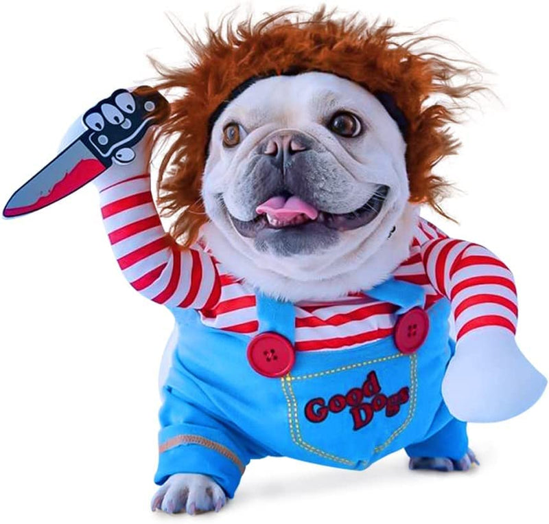 Pet Deadly Doll Dog Costume, Pet Cosplay Funny Costume Halloween Dog Clothes Party Costume for Small Medium Large Dogs (Medium), Red Blue