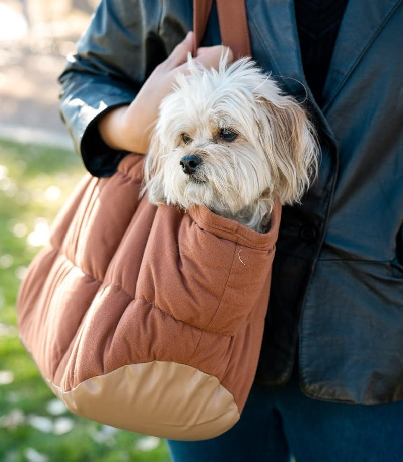NoblePup Plush Dog Purse Carrier for Small Dogs, Soft Dog Tote Bag with Safety Harness Clip, Cozy Pet Carrier for Dogs Under 15 lbs, Comfortable Shoulder Carrier for Travel, Brown 2.0