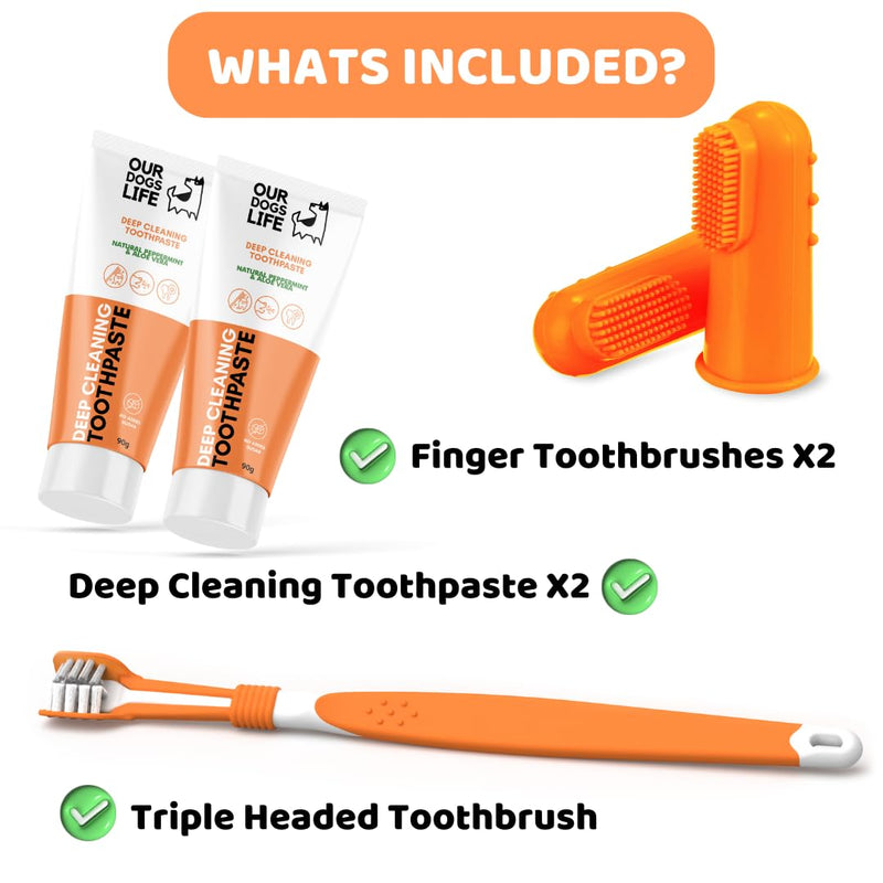 Dog Toothbrush with Toothpaste | Approved Dog Dental Kit | Triple Headed Deep Cleaning Toothbrush for Dogs + 100% Natural Tooth-Paste | Freshen Breathe & Remove Plaque (Dental Kit)