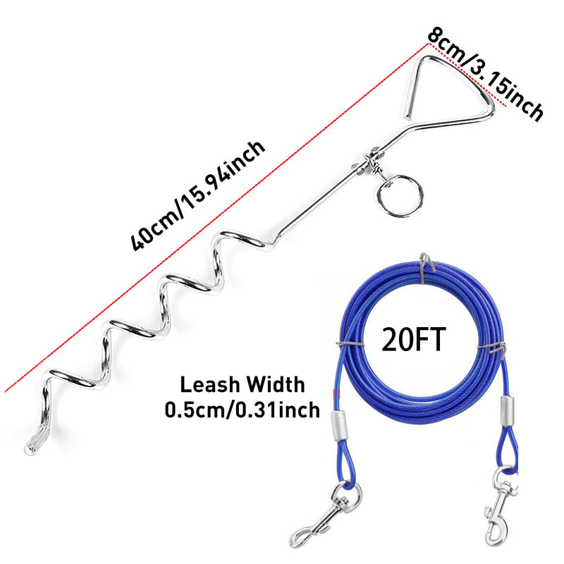 Evilplan Dog Tie Out Cable and Stake, 20ft Outside Dog Leash&Chain for Camping and Yard, 16'' Heavy Duty Anti Rust Spiral Stake for Medium-Large Dogs Up to 125 lbs (20FT, Blue) - PawsPlanet Australia