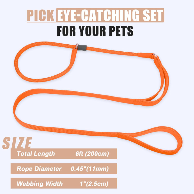 Slip Lead Dog Leash, Double Handle, Soft Leather & Nylon, 6ft Orange - PawsPlanet Australia