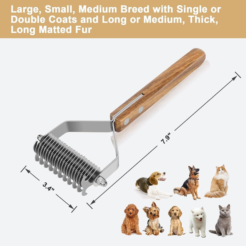 Undercoat Rake for Dogs - Dual-Sided Deshedding Blade, Wooden Handle, Professional Pet Grooming Tool with Matting Remover & Shedding Control for Double Coat Dogs & Long-Haired Cats, Large - PawsPlanet Australia