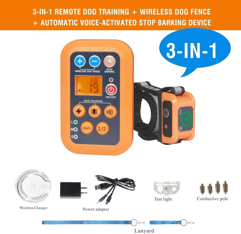 DOTSTAR Wireless Dog Fence Training Barking 3-in-1 Pet Collar System, Dog Training Fence Electric Container, Remote Automatic Voice-Activated No Barking Device, Waterproof Wireless Charging Collar For 1 Dog Orange