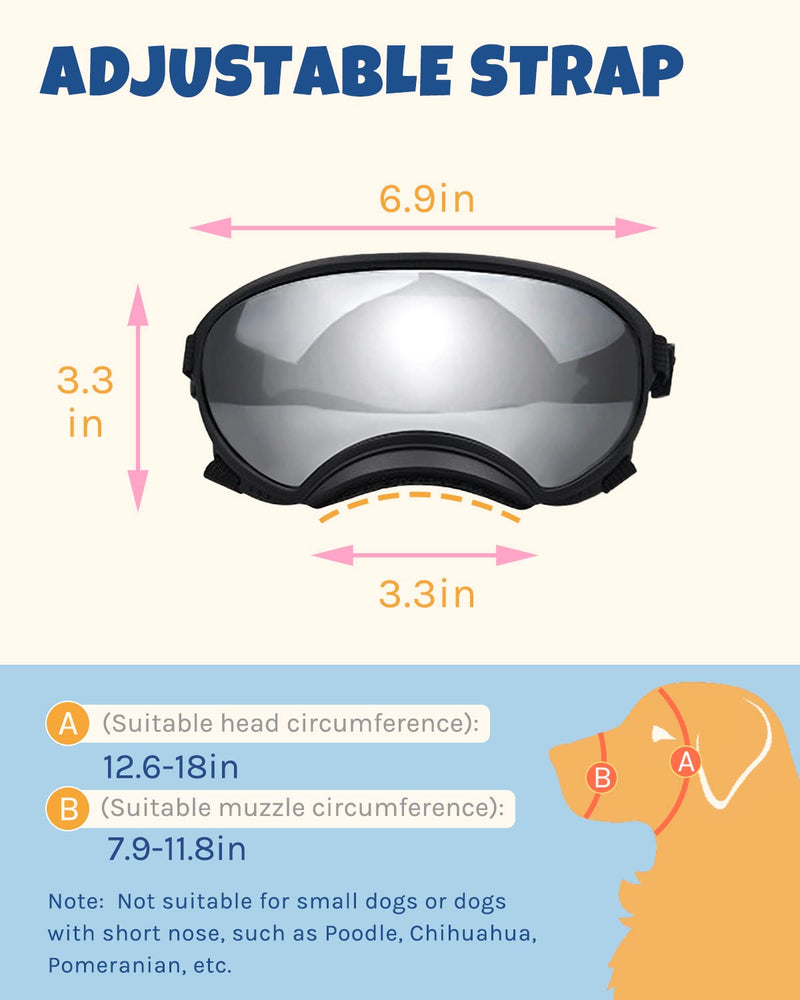 Large Dog Sunglasses, Dog Goggles Large Breed and Medium, UV Protection, Windproof, Dustproof and Snowproof. Shatterproof Lens, Adjustable Strap Silver - PawsPlanet Australia