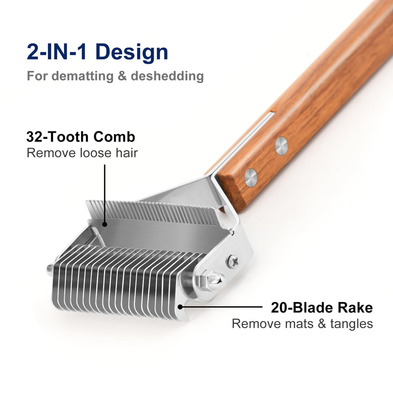 WePet 2-in-1 Dematting Comb & Shedding Brush, Undercoat Rake Grooming Tool with Wooden Handle for Dogs & Cats - Easily Removes Mats, Tangles, and Loose Hair - PawsPlanet Australia