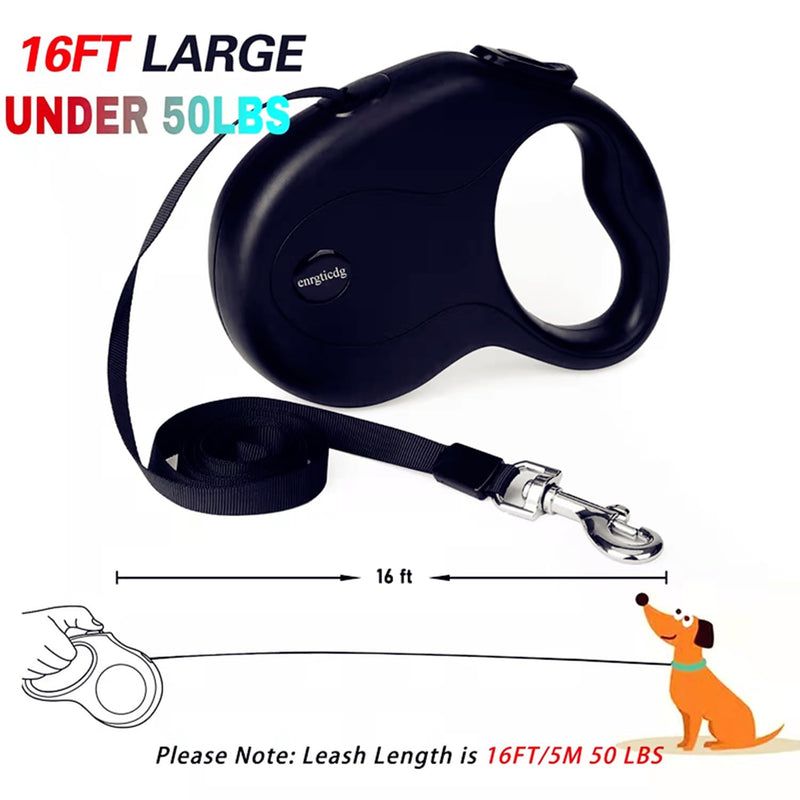 16Ft Retractable Dog Leash,Light Weight Leash for Small to Medium Dogs/Cats Up to 50lbs,Stainless Steel Spring Strong Nylon Tape, Tangle Free, One-Handed Brake (black) black - PawsPlanet Australia