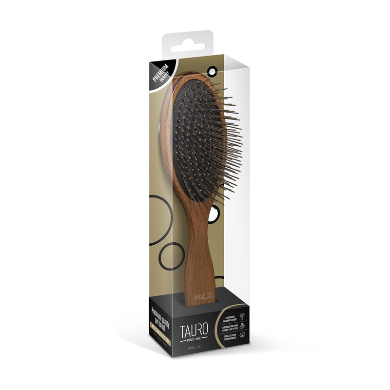 TAURO PRO LINE Wooden Dog Brush for Detangle Long and Short Hair, Wooden Soft Massage Brush for Grooming Haired Dogs and Cats, Flexible Cushion and Non-Slip Grip, Oval, 8,66 x 2,36 inch, Brown Oval S - PawsPlanet Australia