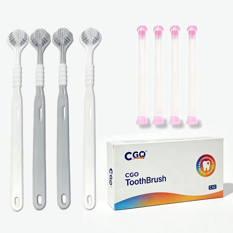CGO Three-Sided Dog Toothbrush for Large Dogs – 4-Piece Three-Head Pet Toothbrush, Gentle Cleaning, Extra-Soft Bristles, Three-Sided Dog Teeth Cleaning Set, Comprehensive Oral Care (Gray-White)