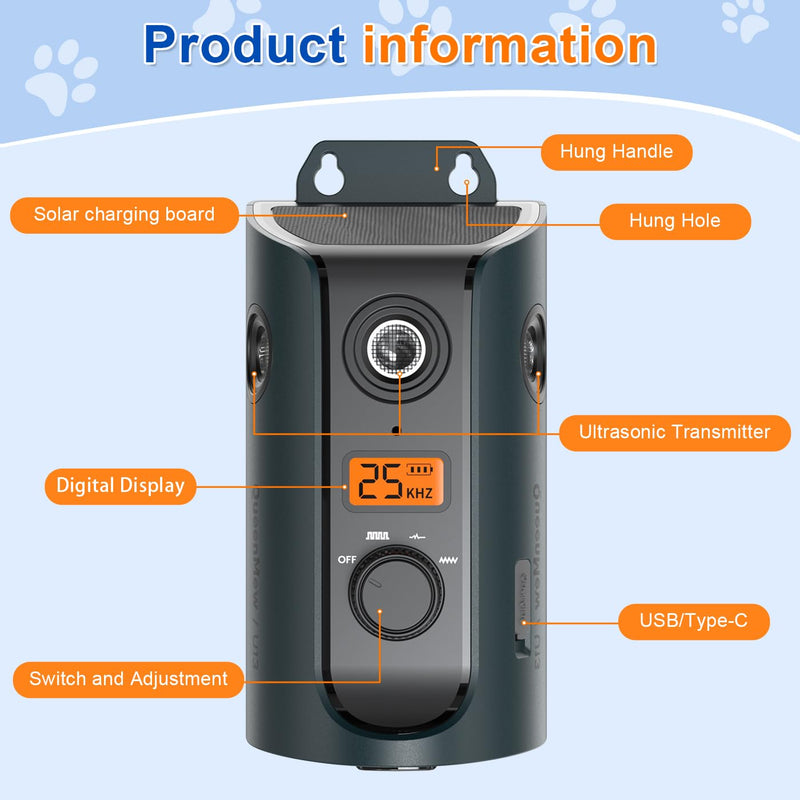 Ultrasonic Anti Barking Device for Dogs, Dog Bark Alarm Deterrent Devices with Solar & USB Charging, 3 Modes Dog Barking Silencer up to 50 FT, Stop Dog Barking Control Device, Bark Box - PawsPlanet Australia